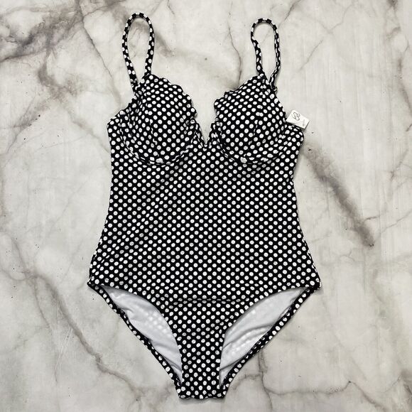 Jessica Simpson Scalloped Edge V-Wire One-Piece L Large Black White Dot New - Picture 3 of 7